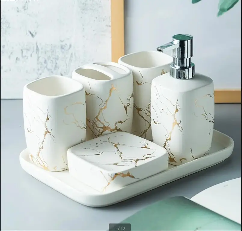 Ceramic Frosted Gold Marble Bathroom Accessory Set Washing Tools Bottle Mouthwash Cup Soap Toothbrush Holder Tray Luxurious