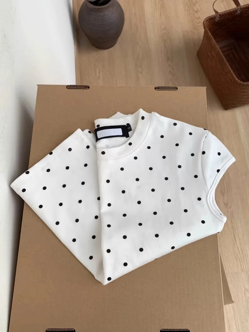 Unique Polka Dot T-shirt Women's Short Sleeved Summer Pure Cotton O-Neck Tee Slim Height Street Cool Girls Comfortable Top