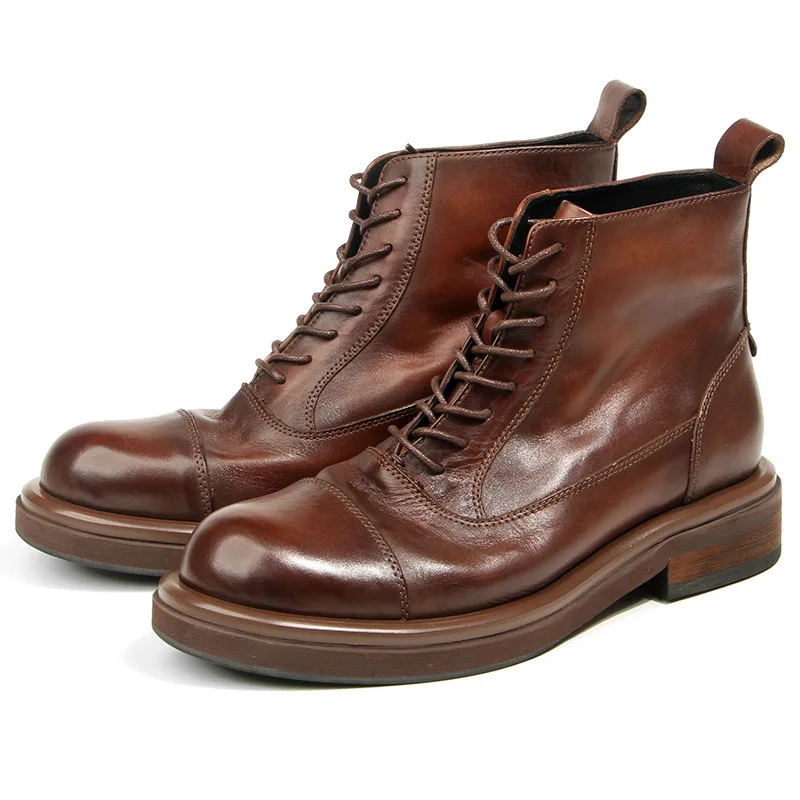 Genuine Leather Men Ankle Boots Yuppy Wrinkled Leather Boots Lace Up Boots