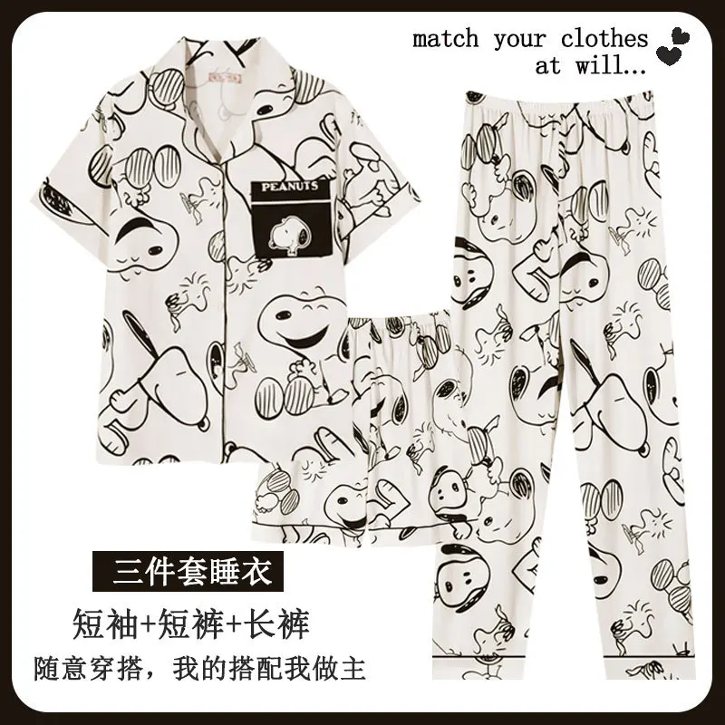 3Pcs Snoopy Pajama Set Women Cartoon Home Wear Set Summer Short Sleeved Pants Sleepwear Casual Comfortable Loungewear Cute