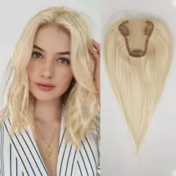 Light Blonde Remy Human Hair Toppers Lace Base Clips in 12inches Middle Part Hair Toppers for White Women with Thinning Hair