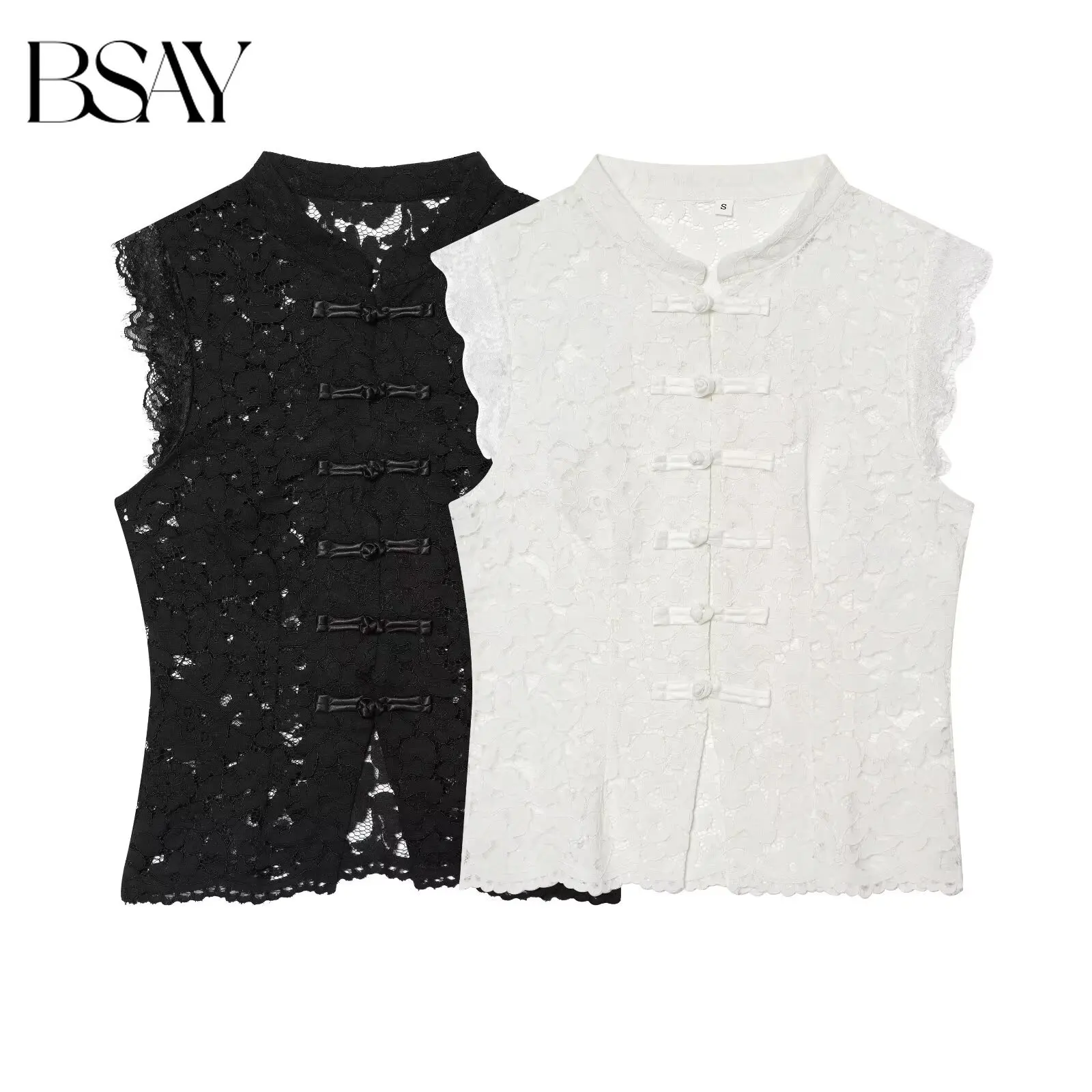 BSAY Damenbekleidung, modisch, chinesischer Stil, weiße Weste, Sommer, neuer Stehkragen, hohle Spitze, ärmellos, schickes Damen-Tanktop