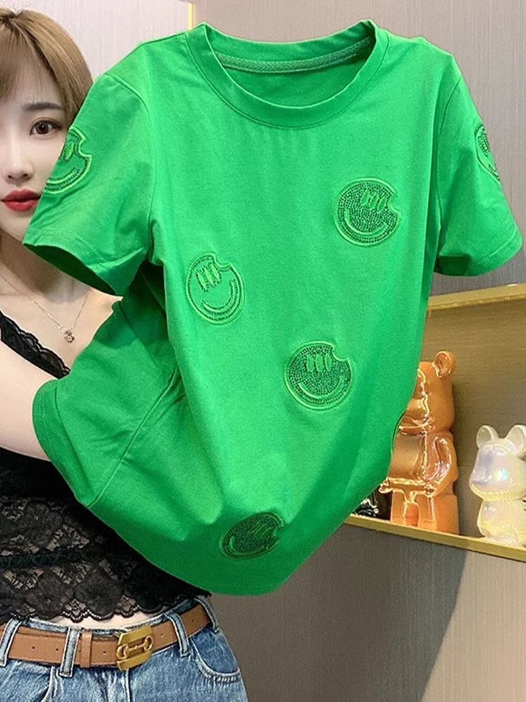 Heavy Industries Embroidered Short Sleeve Women's Summer New High Quality Smiling Face T-shirt Casual Versatile Green Top