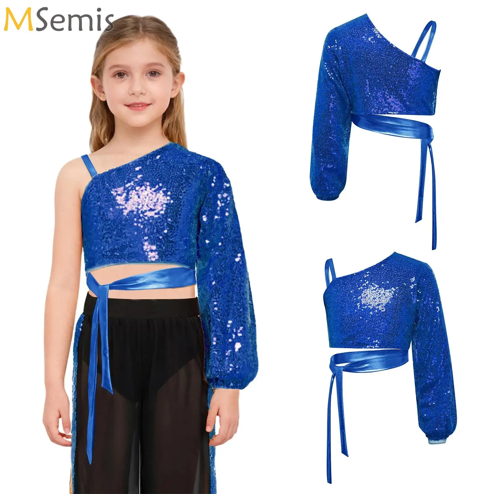 

Kids Girls Sequins One Shoulder Long Sleeve T-shirt Hip Hop Jazz Latin Modern Street Ballet Dance Crop Top Competition Dancewear