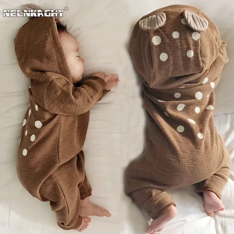 

Cute Korean-style Infant Baby Girls Boys Romper for Outings - Deer Hood Spring Autumn Newborn Kids Outerwear