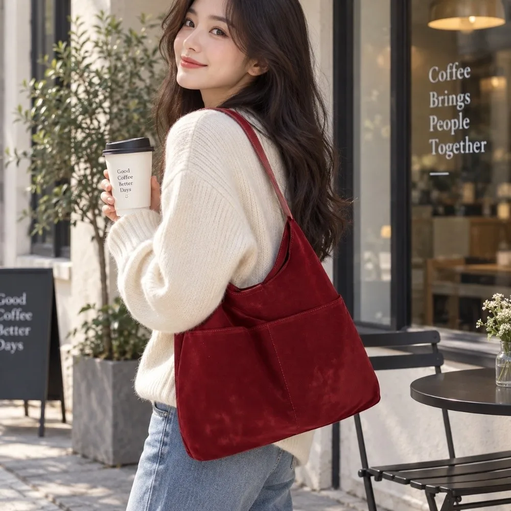 Trendy Large Capacity Suede Shoulder Bag Leather Solid Color Tote Handbag Versatile Simple Underarm Bag Casual