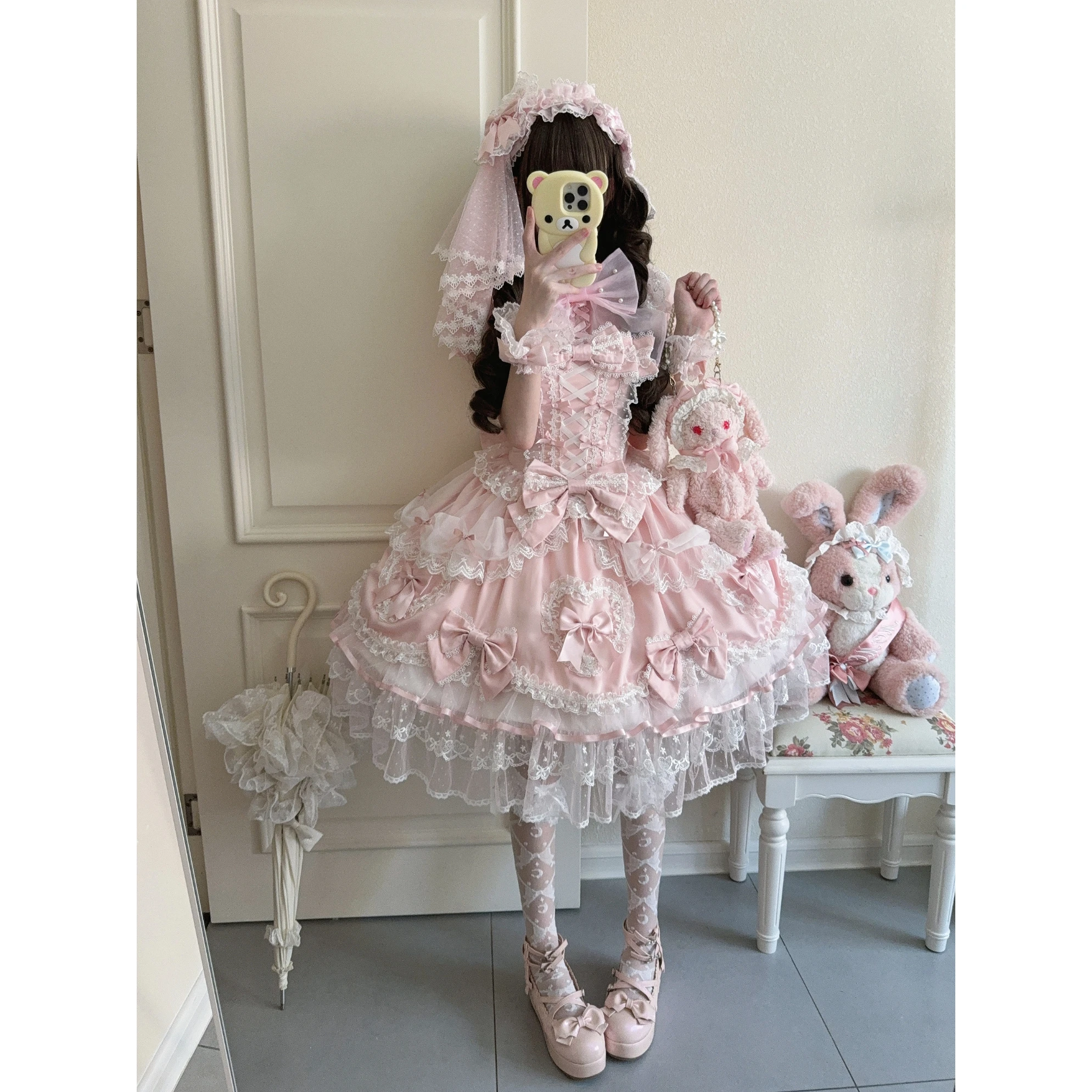 Original Japanese Sweet Lolita Pink Dresses JSK Girl's Woman's Slim Fit Bow Lace Birthday Party Sling Dress Y2k Princess Dress