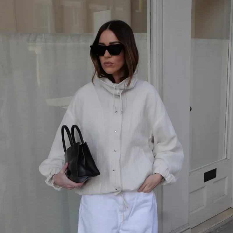 

Women's Stand Collar Short Jackets Women Single-breasted Long Sleeve Pockets Loose Coats 2025 Autumn Lady High Street Outerwears