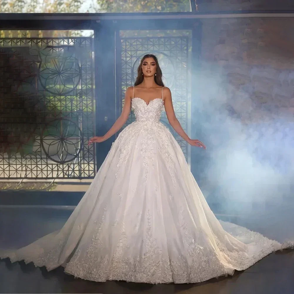 

Flavinke Customized Luxury Wedding Dresses 2025 Shoulder Straps Sleeveless Lace Applique Ball Gown Floor Length Marriage Dresses