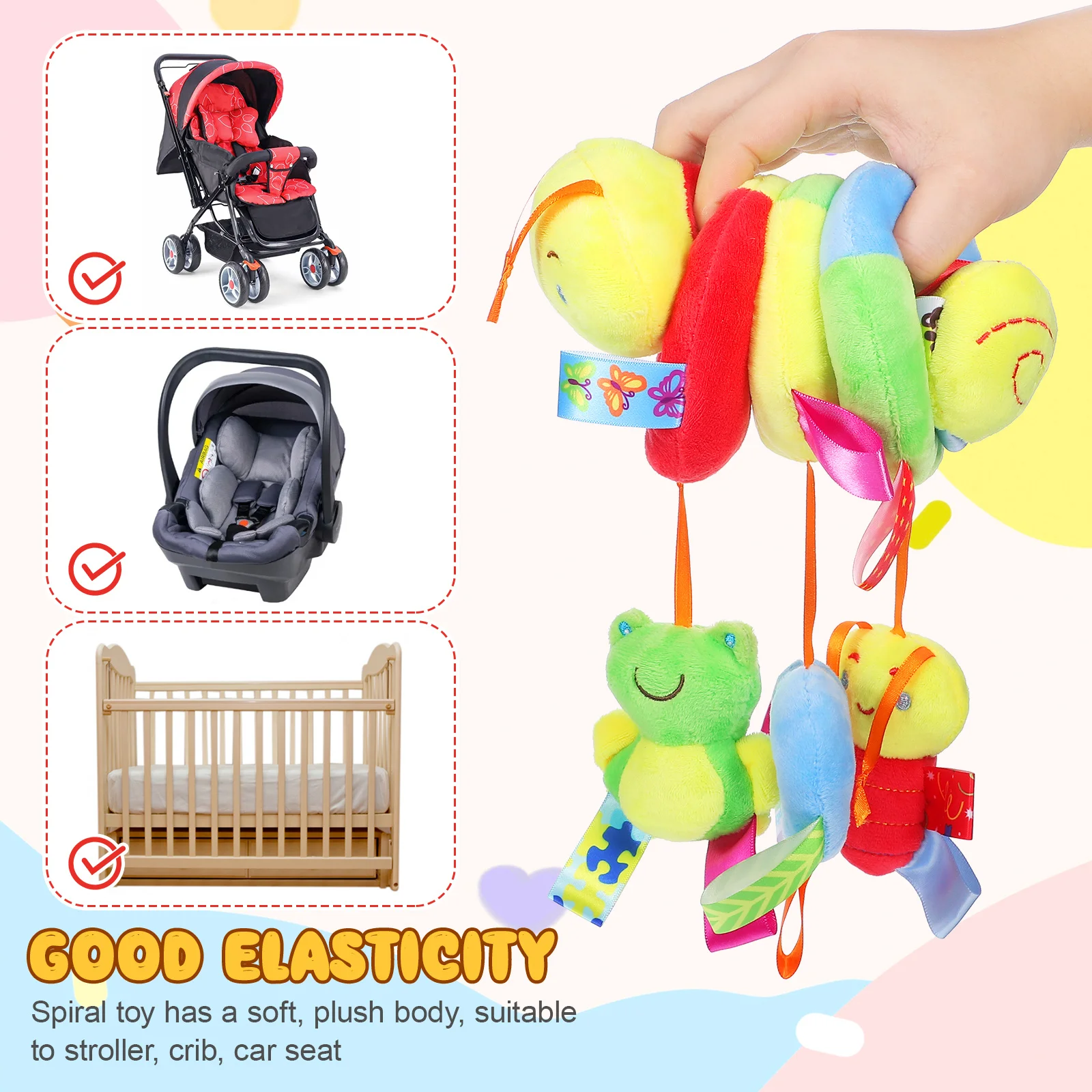 Spiraal Voor Kinderwagen Wieg Wieg Baby Opknoping Dangler Vervoer Activiteit Seat Crinkle Rammelaar Pieper Pasgeboren Veilig Lichtgewicht