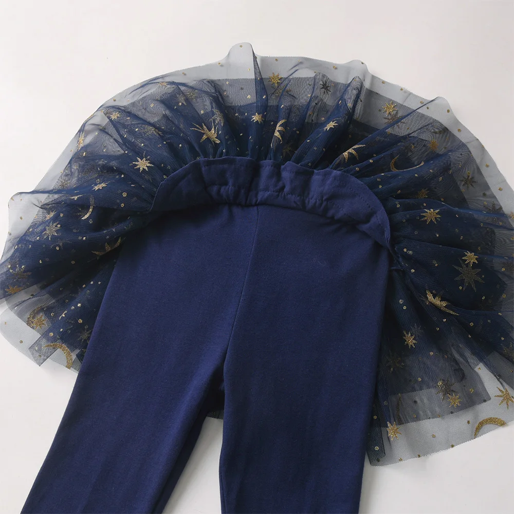 Kleinkinder Kinder Baumwolle Lässige Marineblaue Leggings mit glitzernden Sternenmuster Mesh Tüll Tutu Röcke Fake 2-teilige Kinder Prinzessin Hose – Detail 4