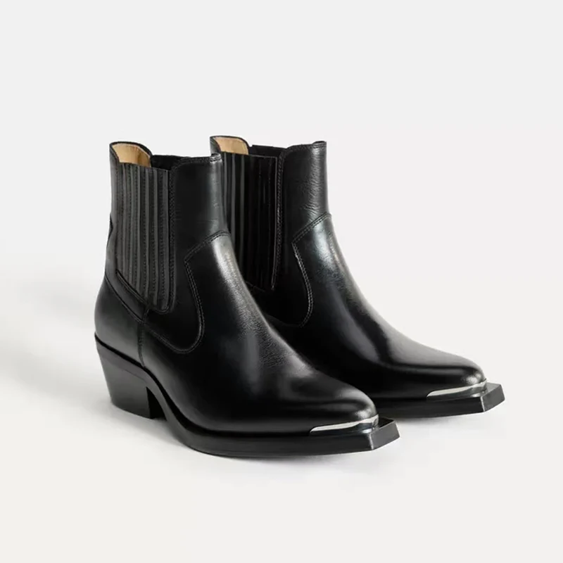 

New Genuine Leather Boots Women Pointed Toe High Heel Ankle Boots Thick Square Heel Slip on Western Boots Cowboy Women Shoes