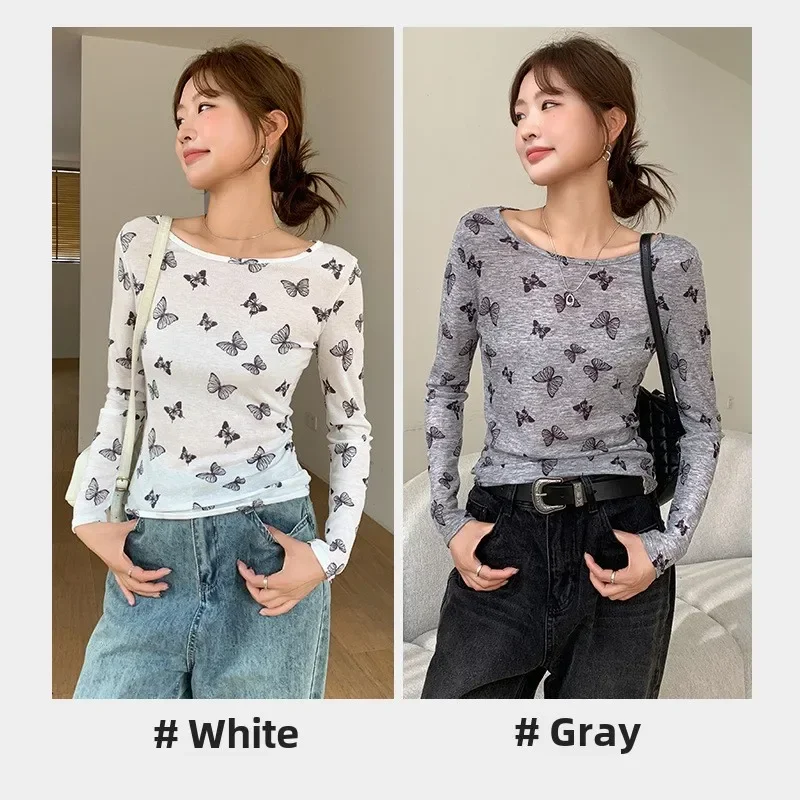 Primavera y novedad de verano, camiseta para mujer con estampado de mariposa, camisa Base ligera, camisa de manga larga con cuello redondo, bata informal ajustada, tendencia