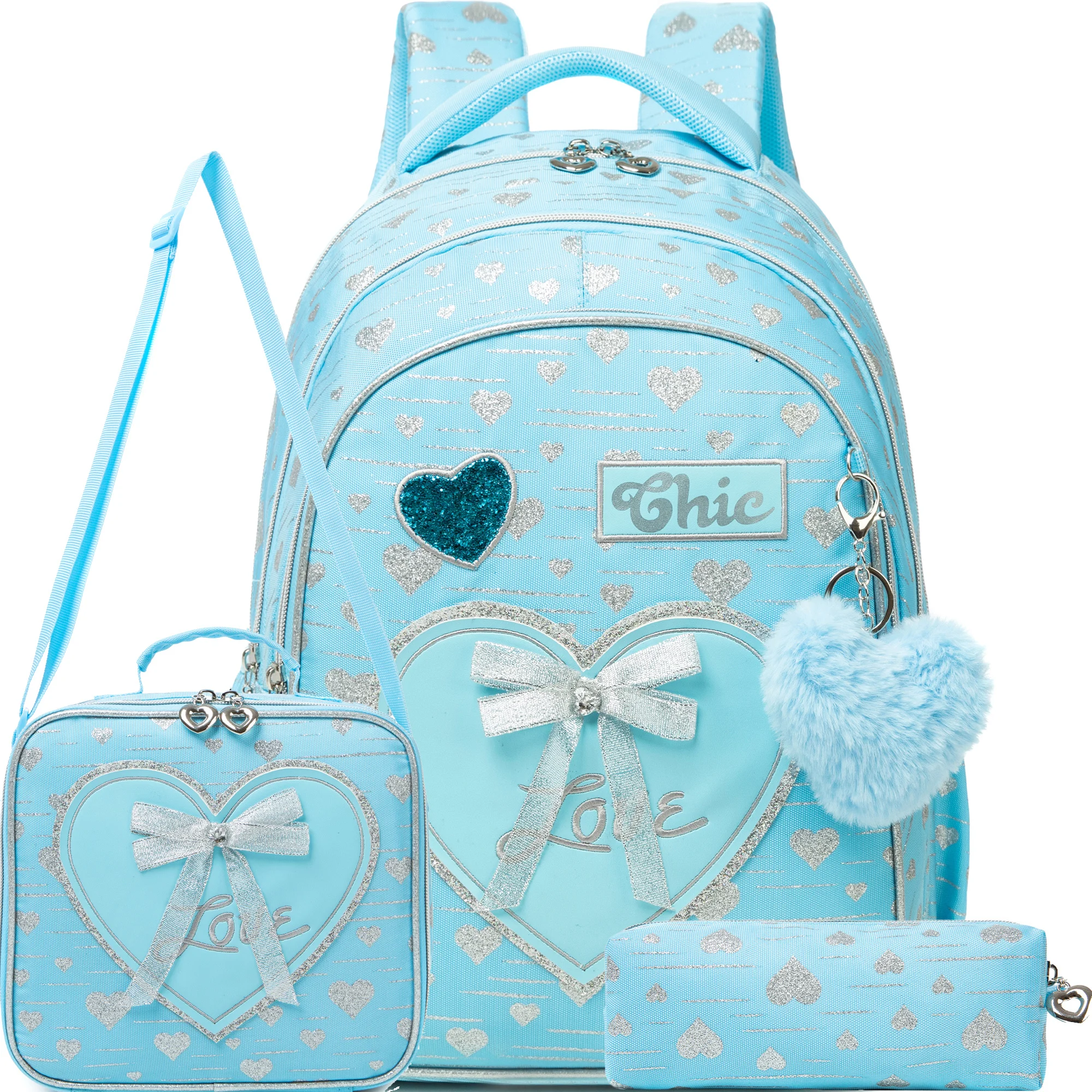 New Bowknot Ribbon Backpack Girls Backpack with Lunch Bag and Pen Bag for Elementary School for Picnic Travel Best Gift