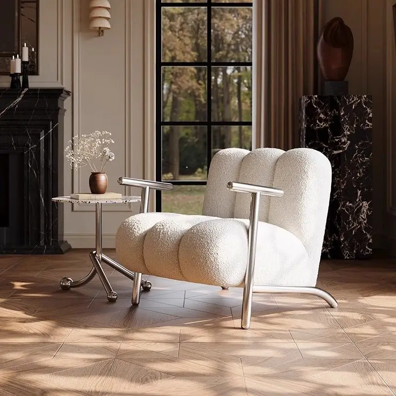 

Mid-Century Wabi-Sabi Single Leisure Sofa Chair | Stainless Steel Frame with Faux Shearling Upholstery