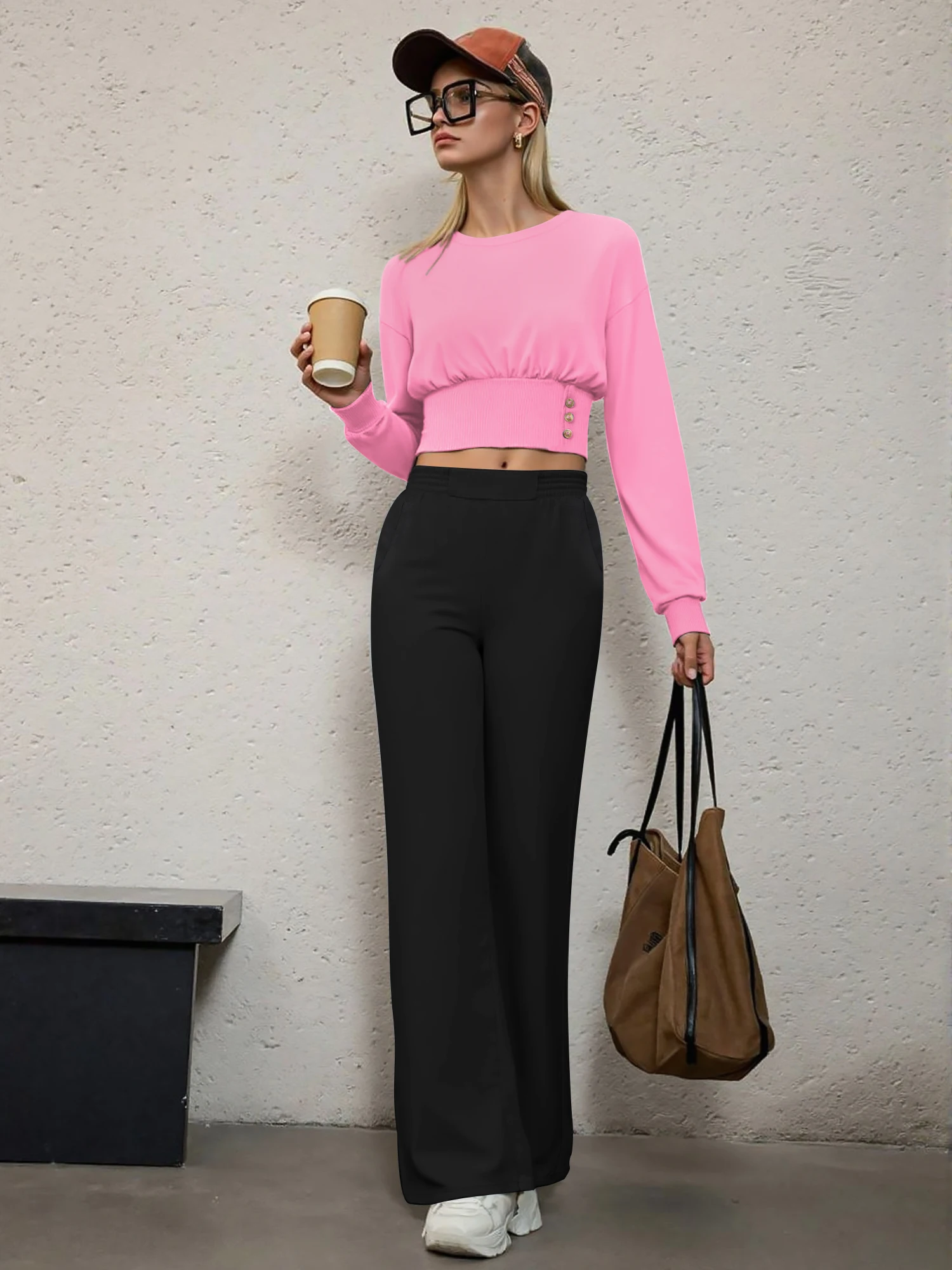 

Women's 2 Piece Outfits Long Sleeve Crop Top & Wide Leg Pants Set Casual Solid Color Knit Waist Button Detail Tracksuit