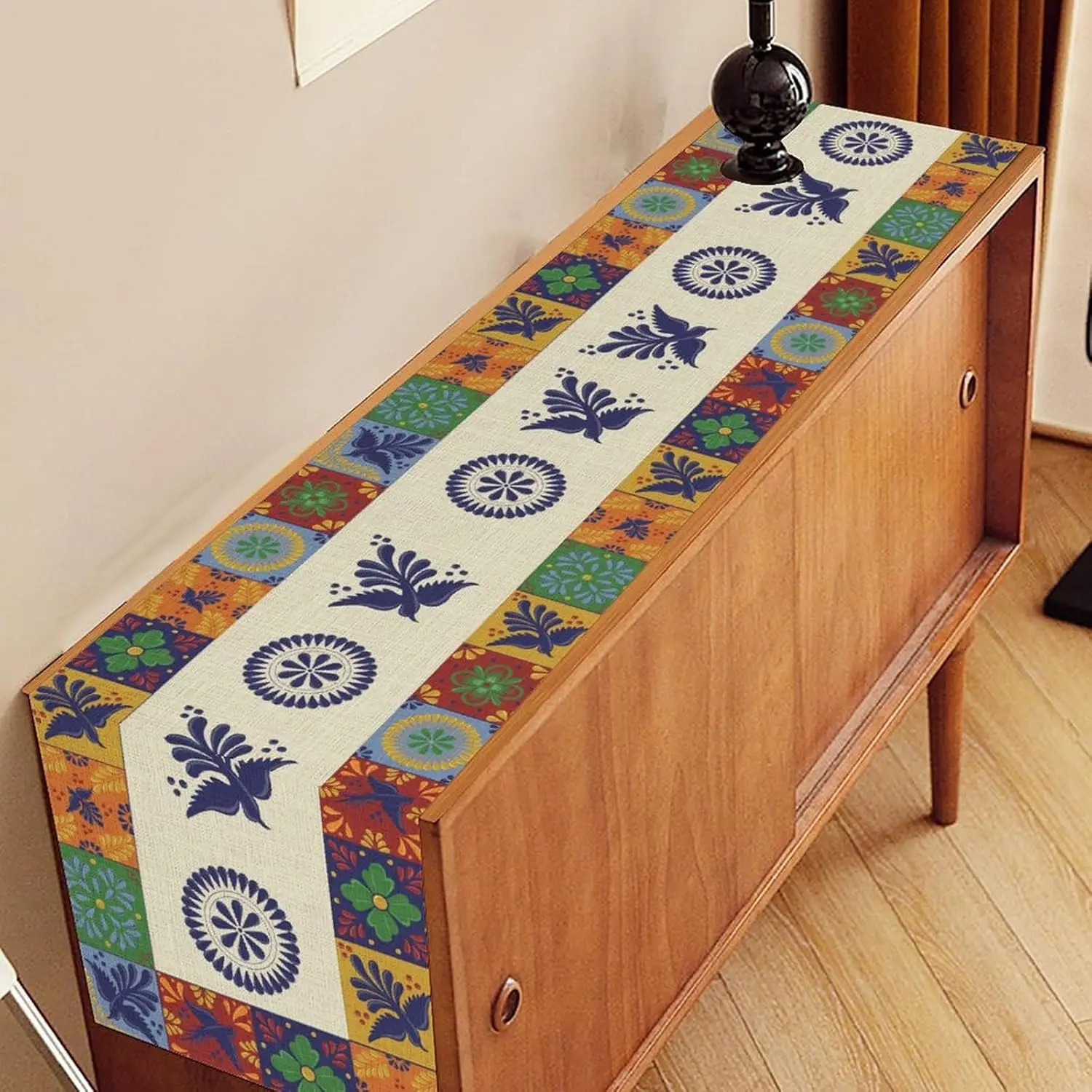 Runner da tavolo messicano Dia De Los Muertos Decorazione Fiesta Floreale Uccello Talavera Piastrelle in ceramica Cucina Tavolo da pranzo Runner Decorazioni per feste