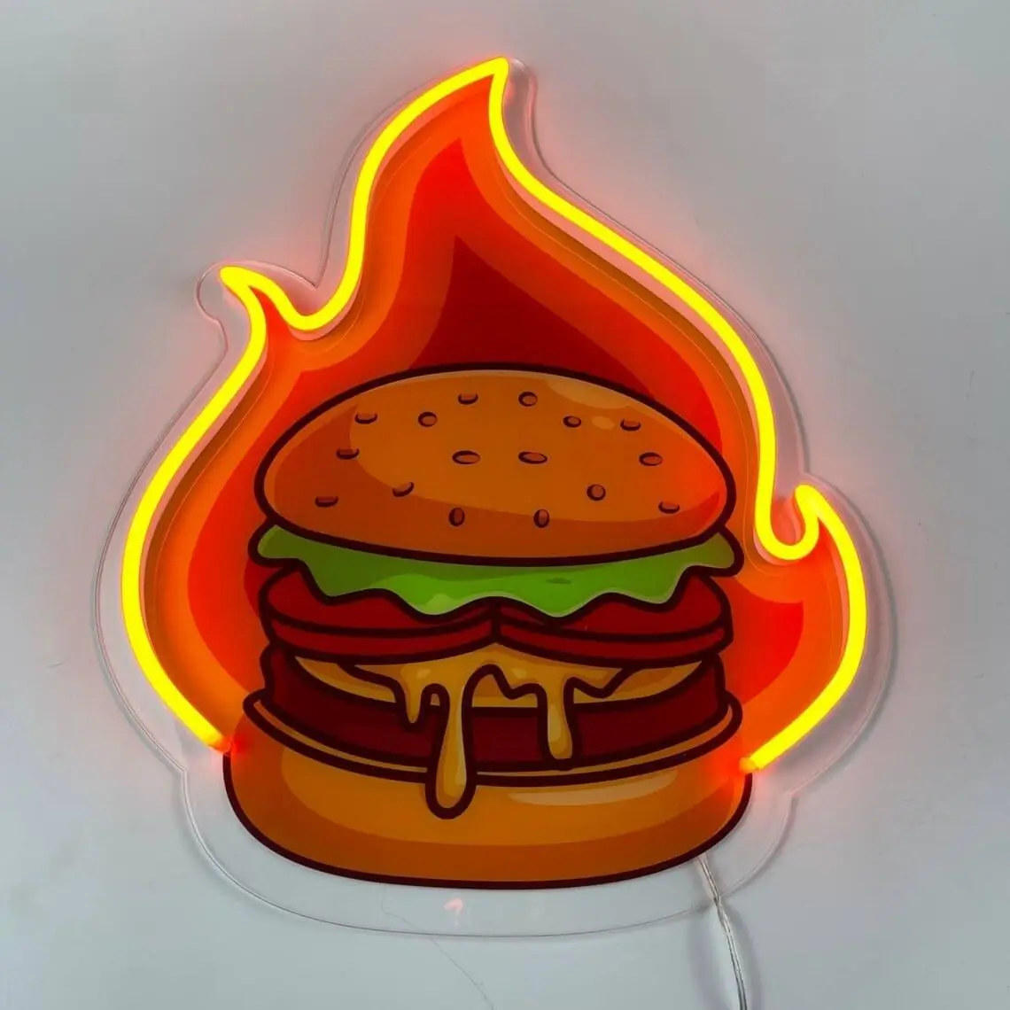 Burger Neon Sign Burger Decal LED Neon Light Fire Burger Fast Food Coffee Shop Restaurant Bar Decoration Size: 36*32 cm