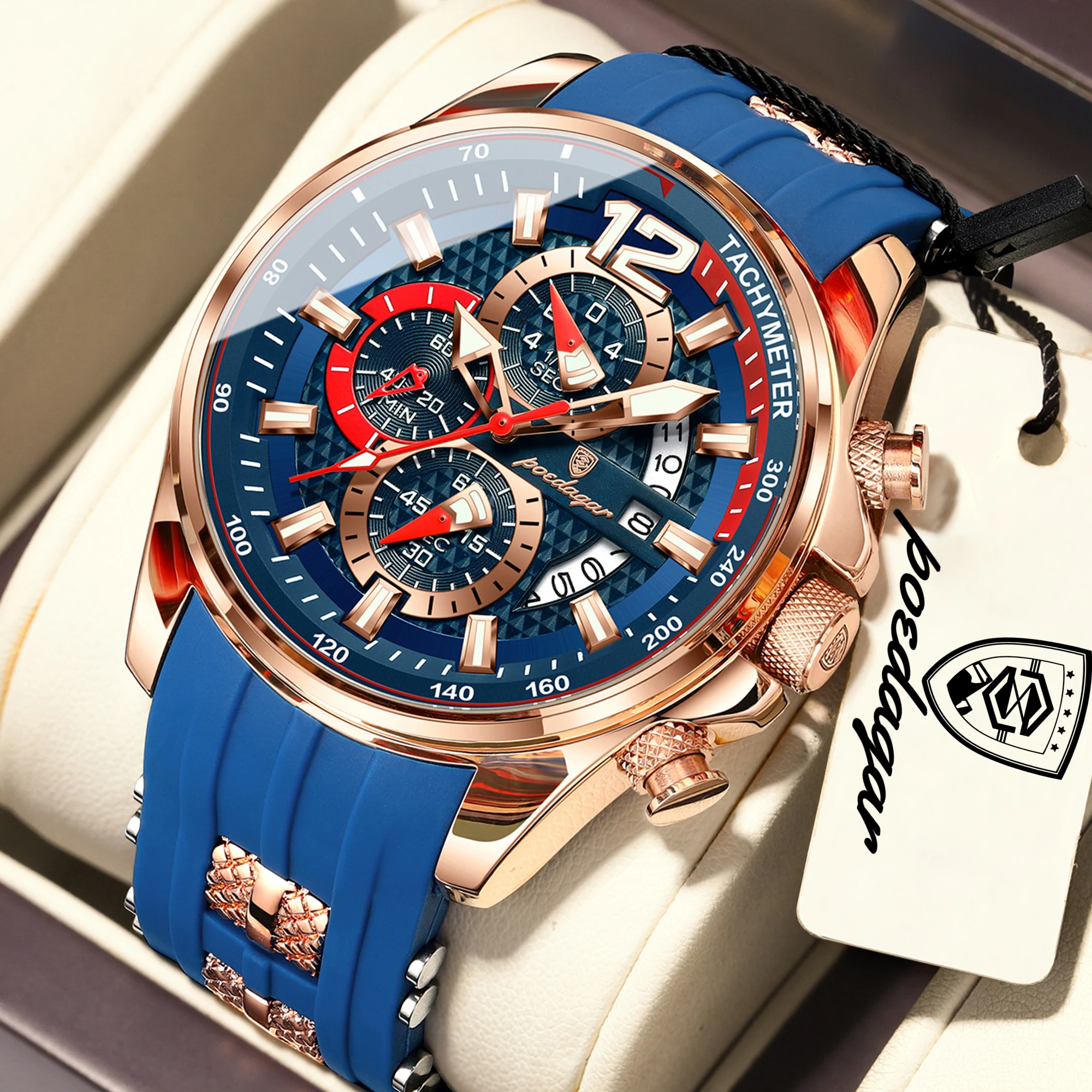 POEDAGAR Original Jugend Herren Uhr Datum Chronograph Leuchtend Wasserdicht Herrenuhr Silikon Funktional Sportliche Herren Quarzuhren