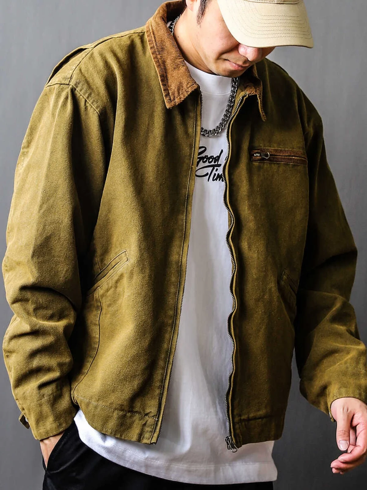 

American Retro Workwear Jaet Men's Spring Autumn Loose Casual Collar Upsle Outerwear Windproof Long Sve Zipper