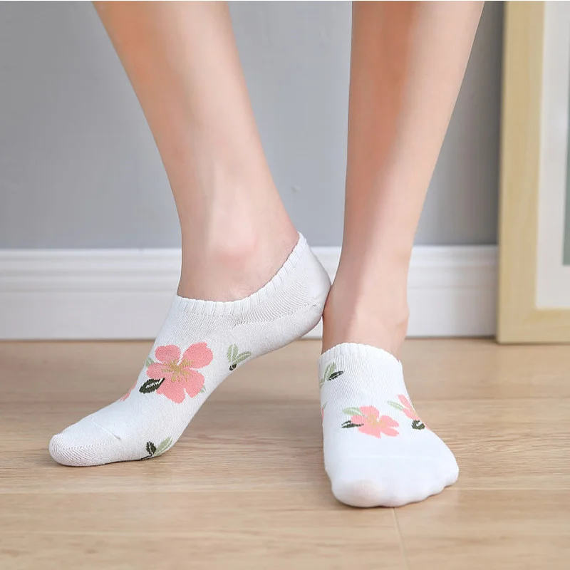 Khaki Floral Silicone Non-slip Low Cut Ankle Boat Sock No Show Socks Women Fashion Invisible Antiskid Woman Sock Slippers Summer