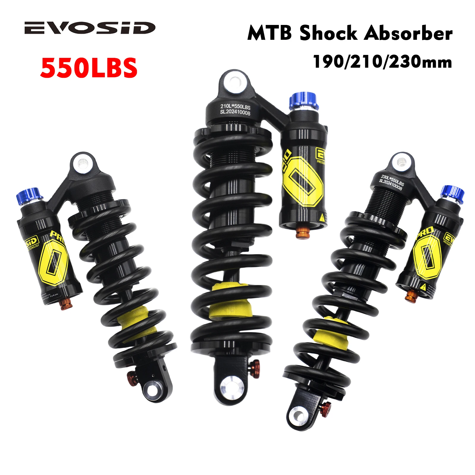 EVOSID Mountain Bike Rear Shock Absorber 550LBS Suspension Spring Soft Tail Shock 190mm/210/230mm for AM/FR/DH/MTB Bicycle Shock