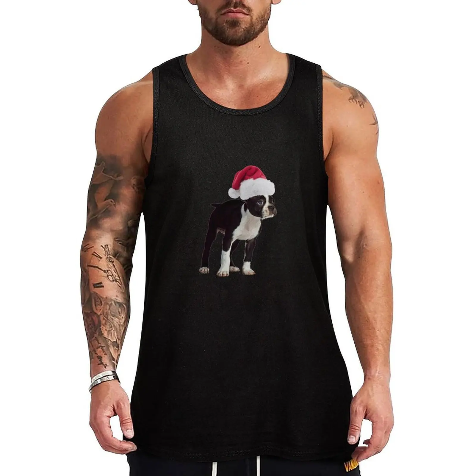 

Boston Terrier Puppy Santa Claus Merry Christmas Tank Top T-shirt Men's gym t-shirts for men Vests anime clothes
