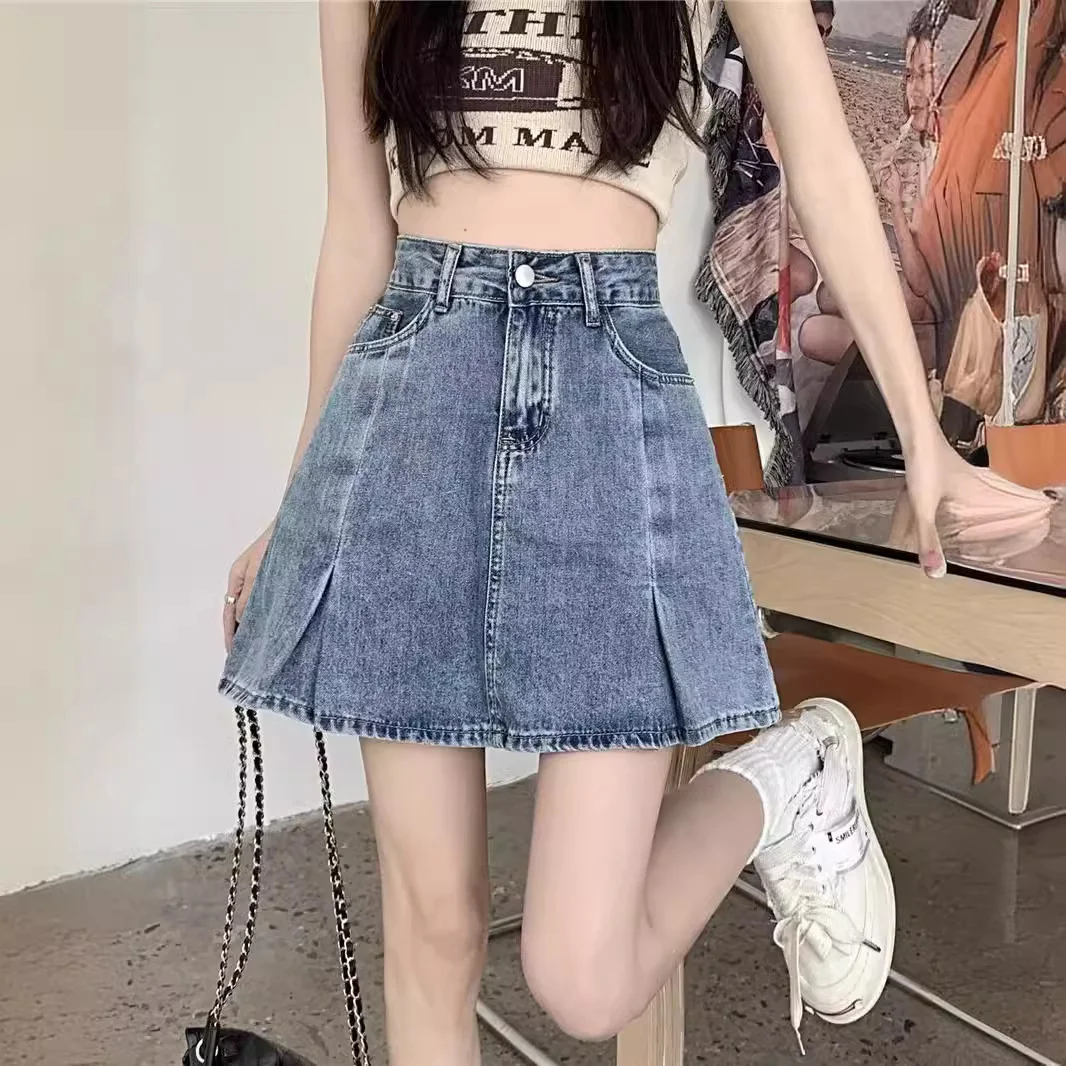 Nuova gonna corta in denim stile Hong Kong per donna in estate, ragazza calda con vita alta e effetto snellente, mezza gonna a trapezio versa