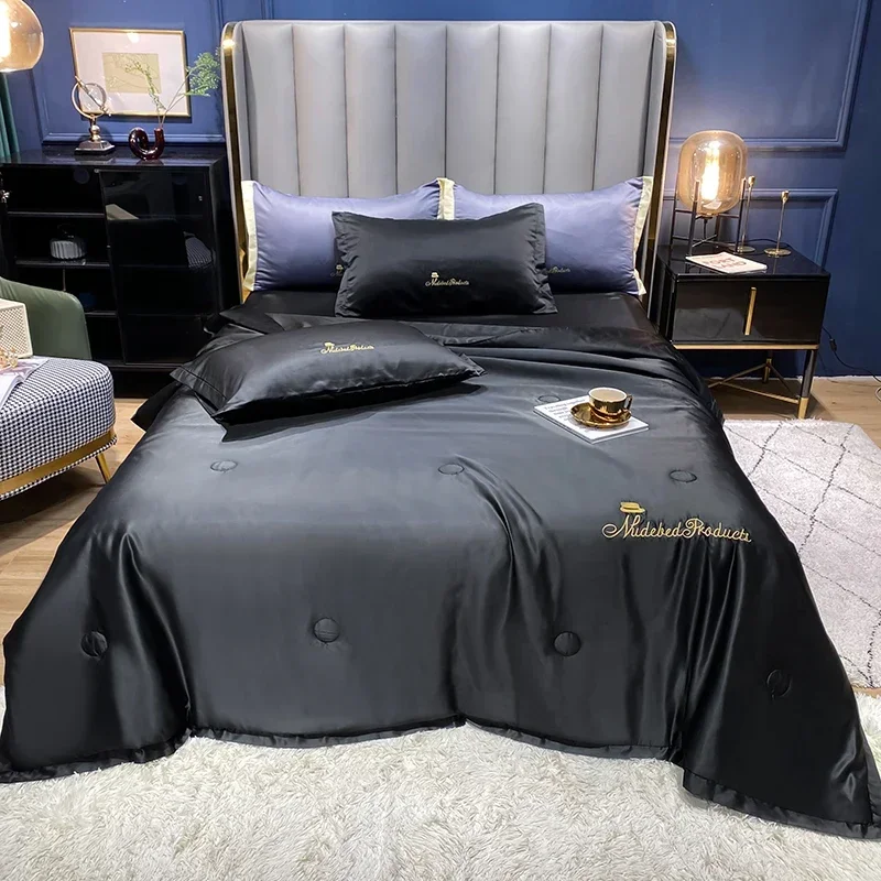 Soft Duvet Silky Quilt Embroidered Comforter Solid Color Bedspread Smooth Duvets 이불 Blanket (Pillowcase Need Order)