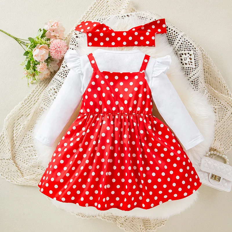 

Girls' Spring and Autumn Long Sleeve Base Shirt with Polka Dot Strap Dress Set, Stylish and Sweet Baby Outing Outfit
