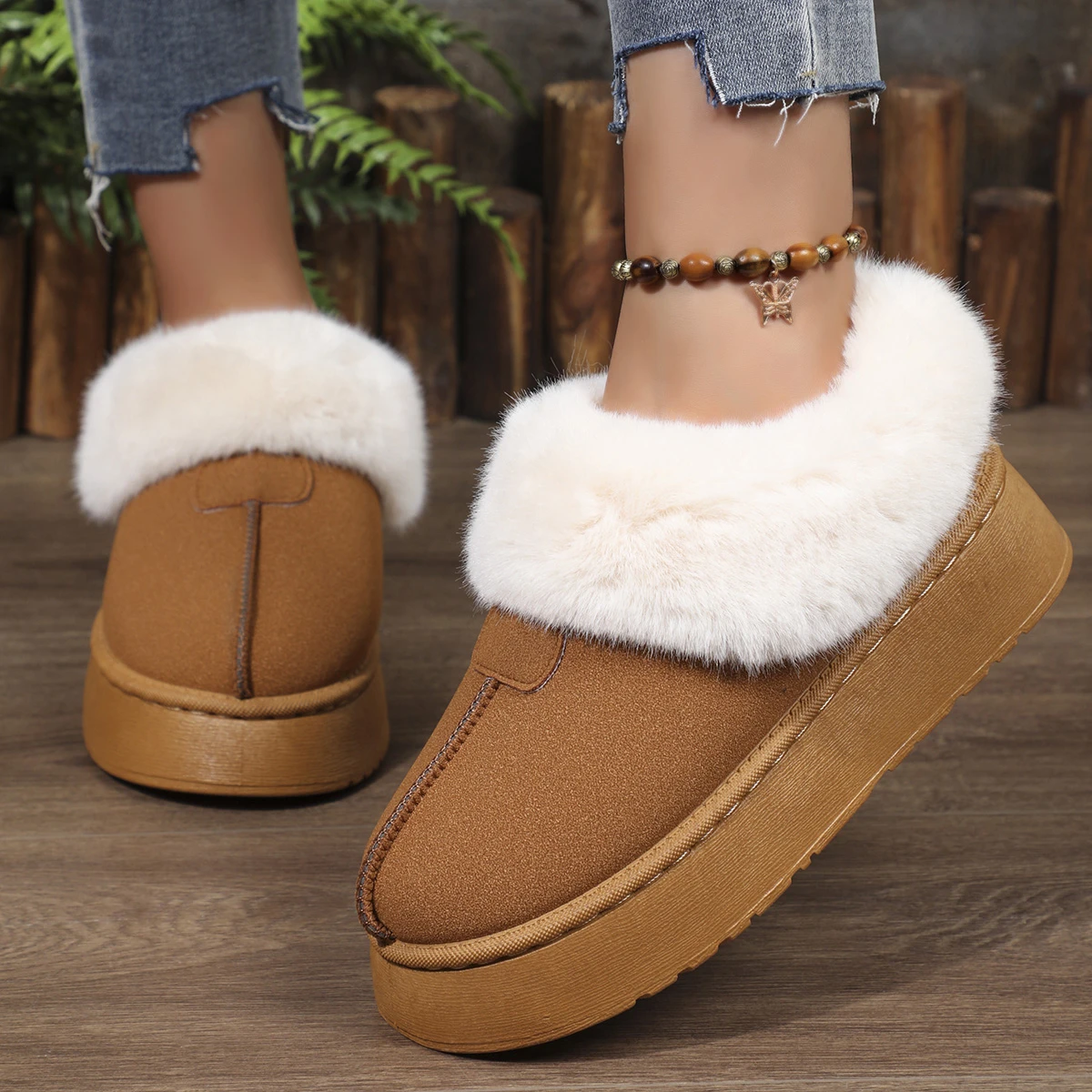 Winter Warm Thicken Plush Cotton Slippers Women Platform Boots Flat Ankle Boots Black Fur Slippers Woman Faux Suede Fluffy Shoes