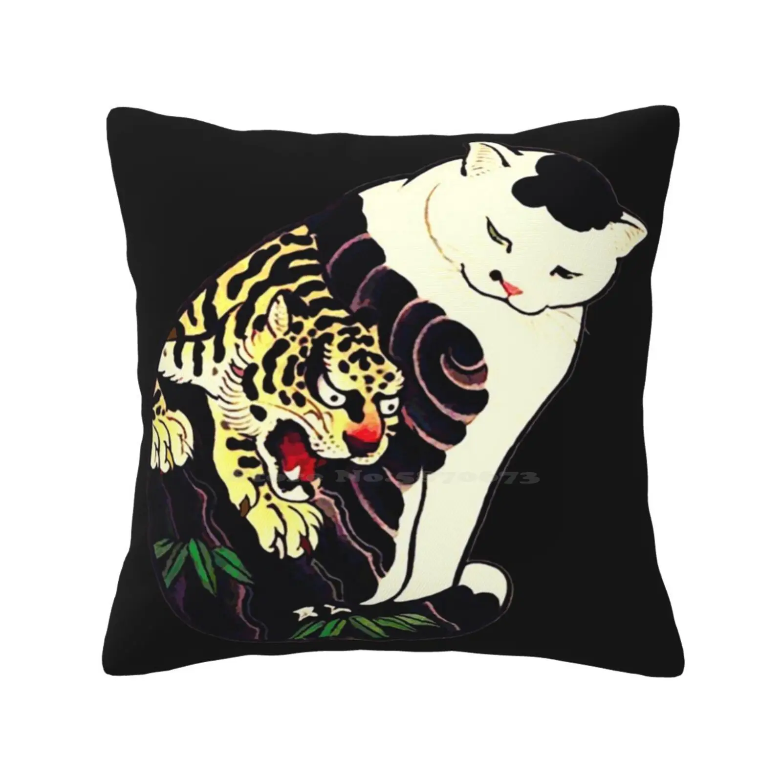 Antique Japanese Woodblock Print Cat With Tiger Tattoo Home Sofa Car Cushion Cover Pillowcase Black Cat Pet Feline Vintage