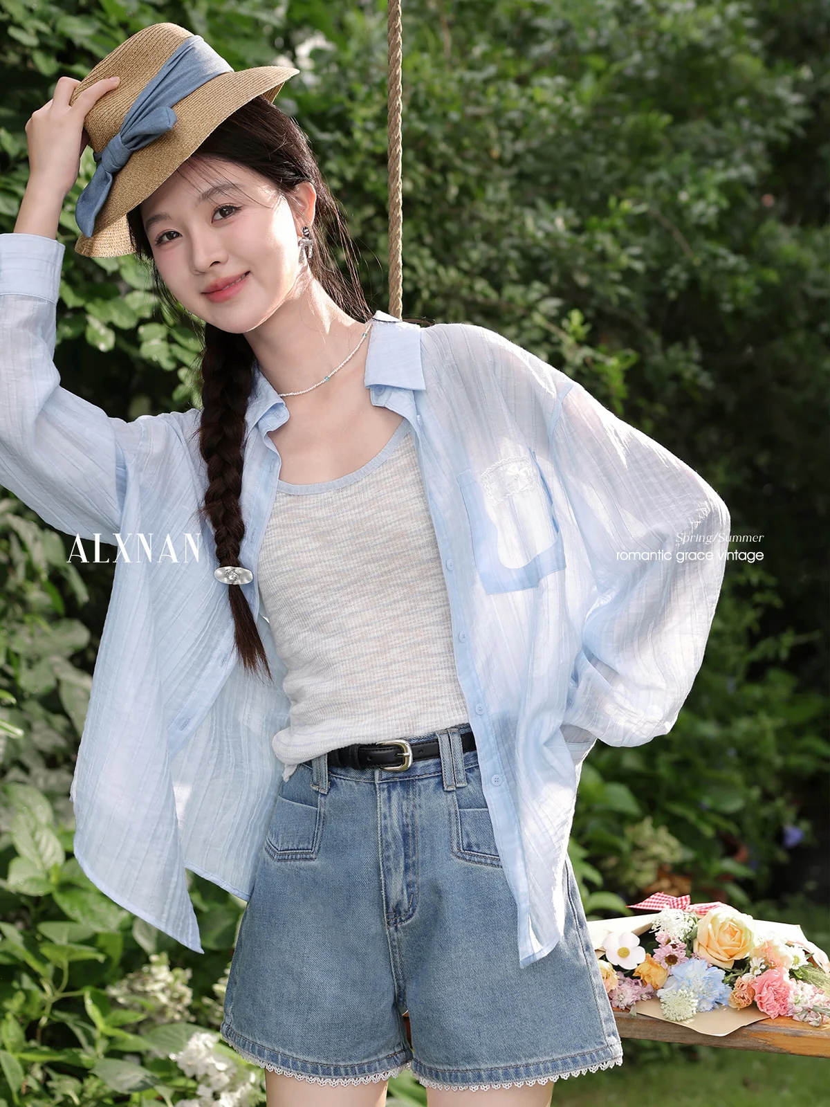 

ALXNAN Blue Shirt Thin Sun Protection Casual Long Sleeve Shirt 2025 Summer Elegant Loose-fit Holiday Beach Female Tops L56605
