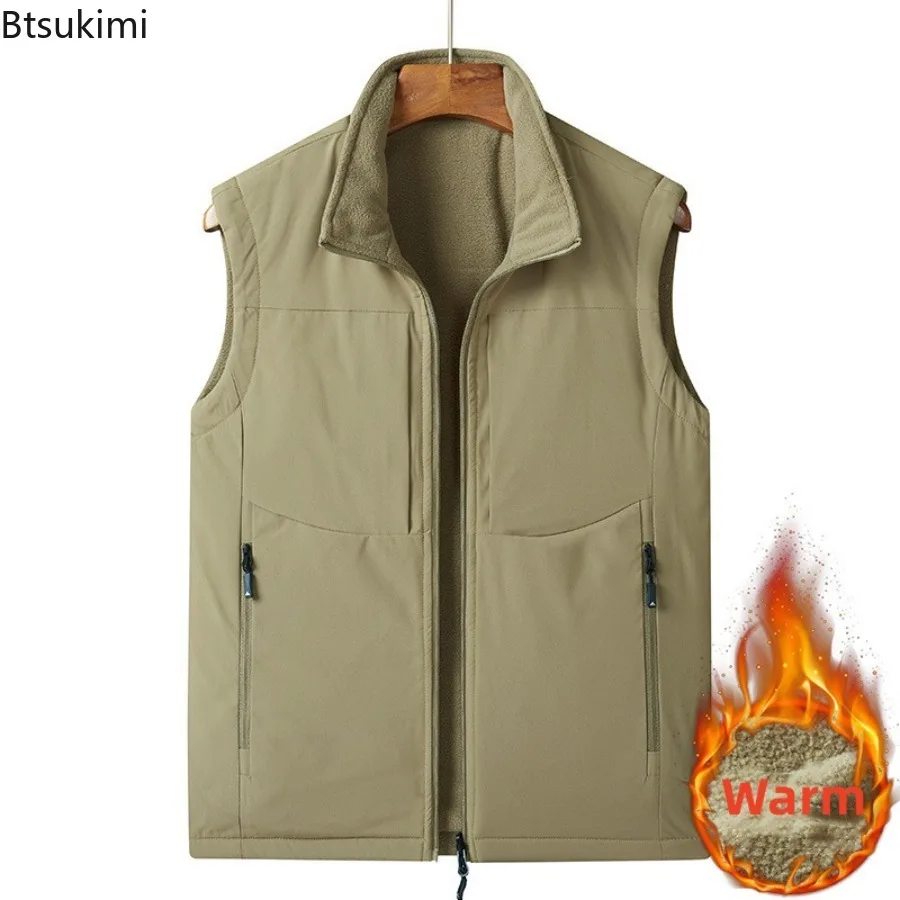 

New Winter Men Double Reversible Wear Casual Cargo Sleeveless Vest Man Loose Plus Solid Color Lapel Casual Sports Waistcoat Vest