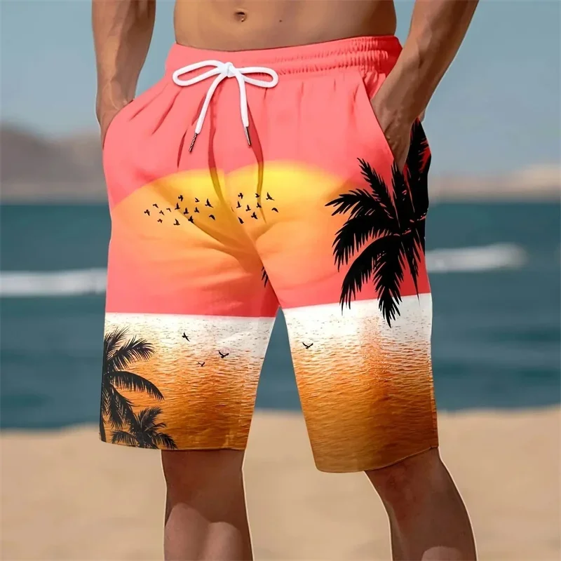 3D Printed Palm Tree Beach Shorts Men Tropical Sunset Quick Dry Cool Loose Fashion Vacation Casual Swim Trunks Summer Hawaiian