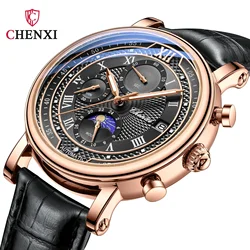 CHENXI 976 Leather Chronograph Date Men's Phase Of The Moon Timing Business Luminous Quartz Watch Relojes para hombres