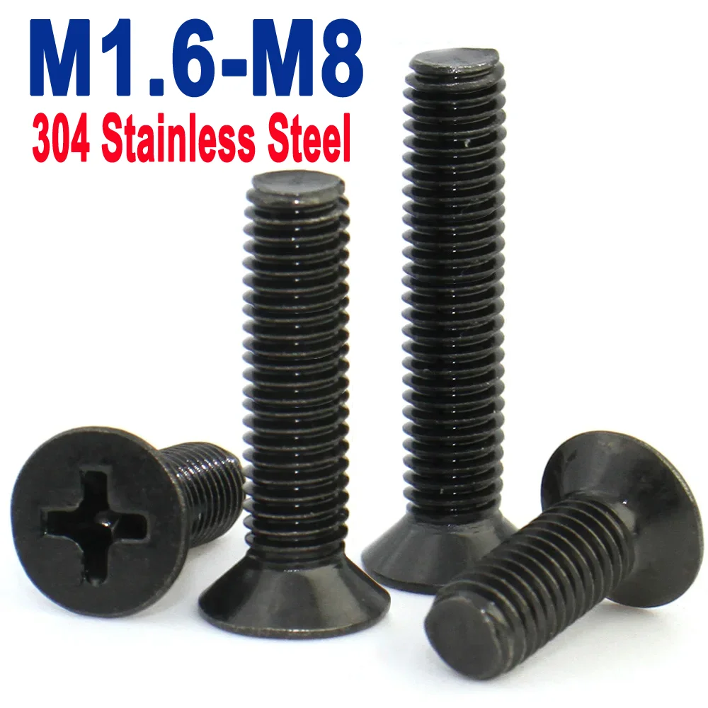 

5-50pcs M1.6 M2 M2.5 M3 M4 M5 M6 M8 Black 304 Stainless Steel Cross Phillips Flat Countersunk Head Bolt Screw Length:3mm-60mm