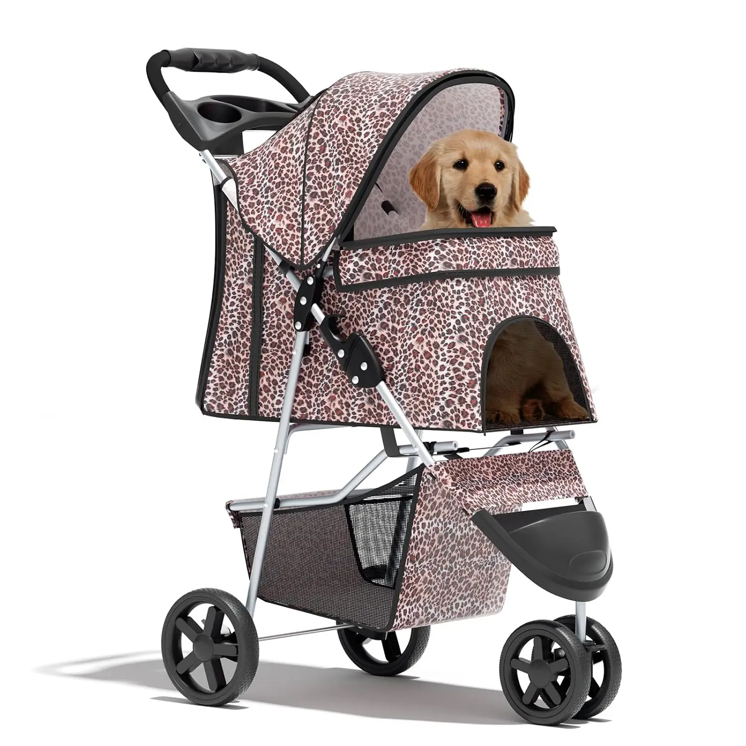 Foldable 3-Wheel Pet Stroller for Dogs & Cats, Leopard Print, Customized