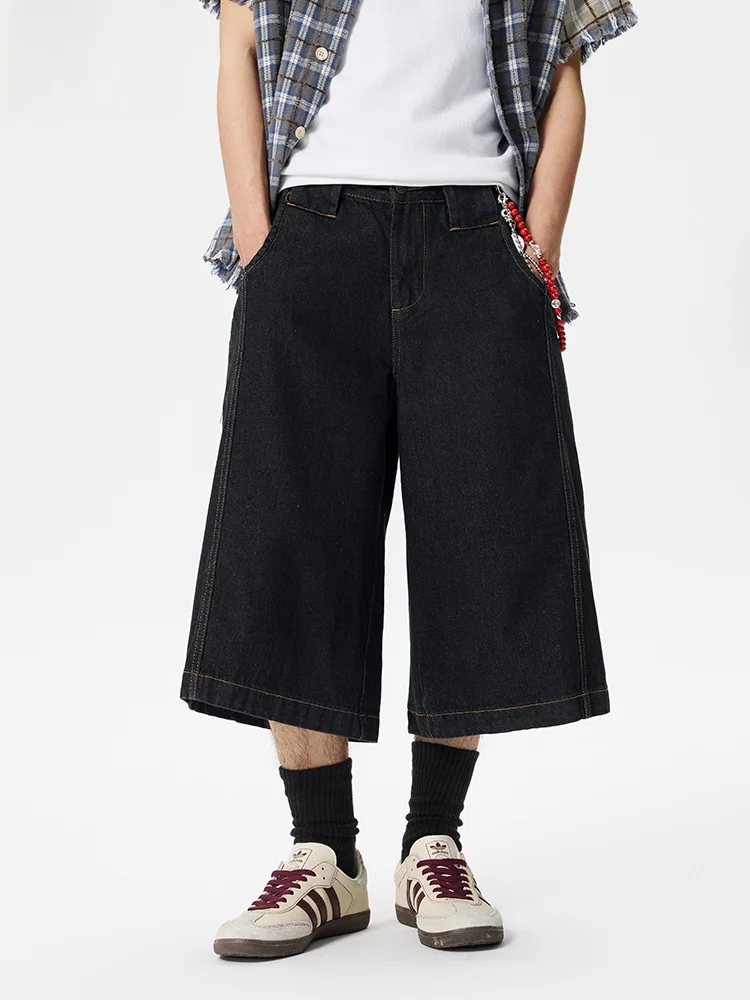 

AHAH Американские ретро широкие мужские джинсы на семь футов, свободные прямые черные джинсы из смеси хлопка и полиэстера, летняя мода