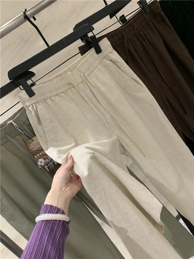 Casual Cotton Linen Blend Men's Elastic Waist Straight Leg Long Pants Breathable Comfortable Summer Spring Loose Fit Trousers