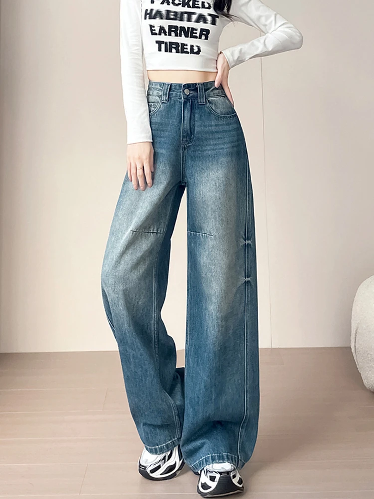 

American style retro washed denim pants women autumn and winter new high waist loose fit curved knife wide leg pants