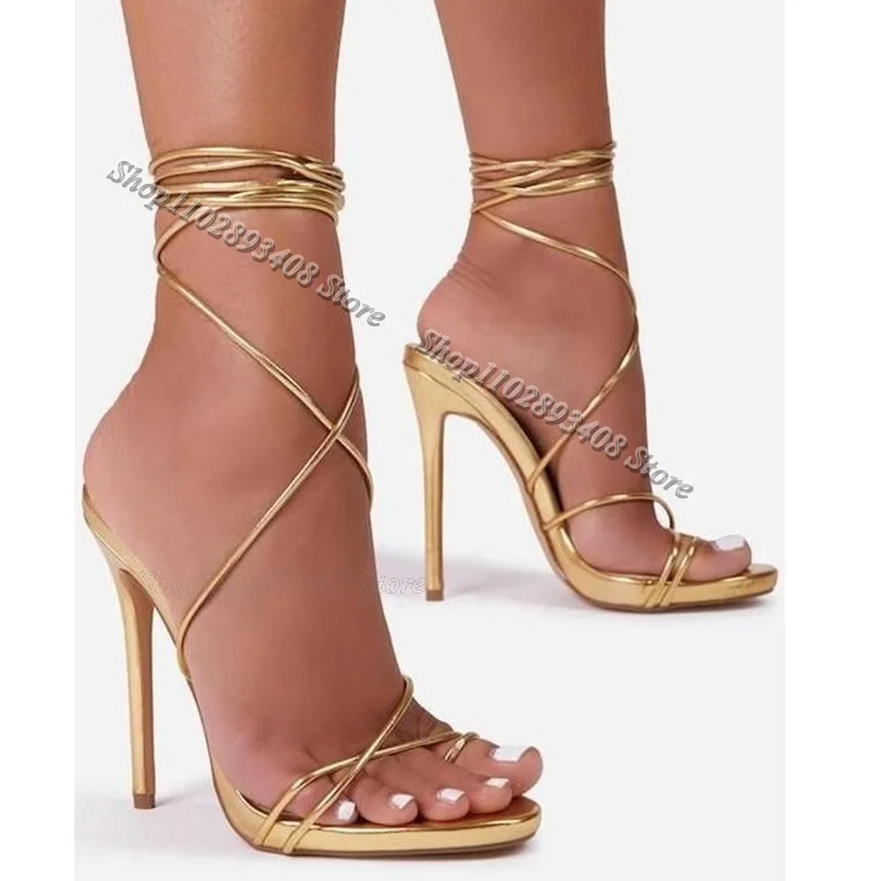 Gold Ankle Strap Simple Style Sandals Open Toe Stiletto Heels Stylish Summer Dress Casual Women Shoes 2024 Zapatos Para Mujere