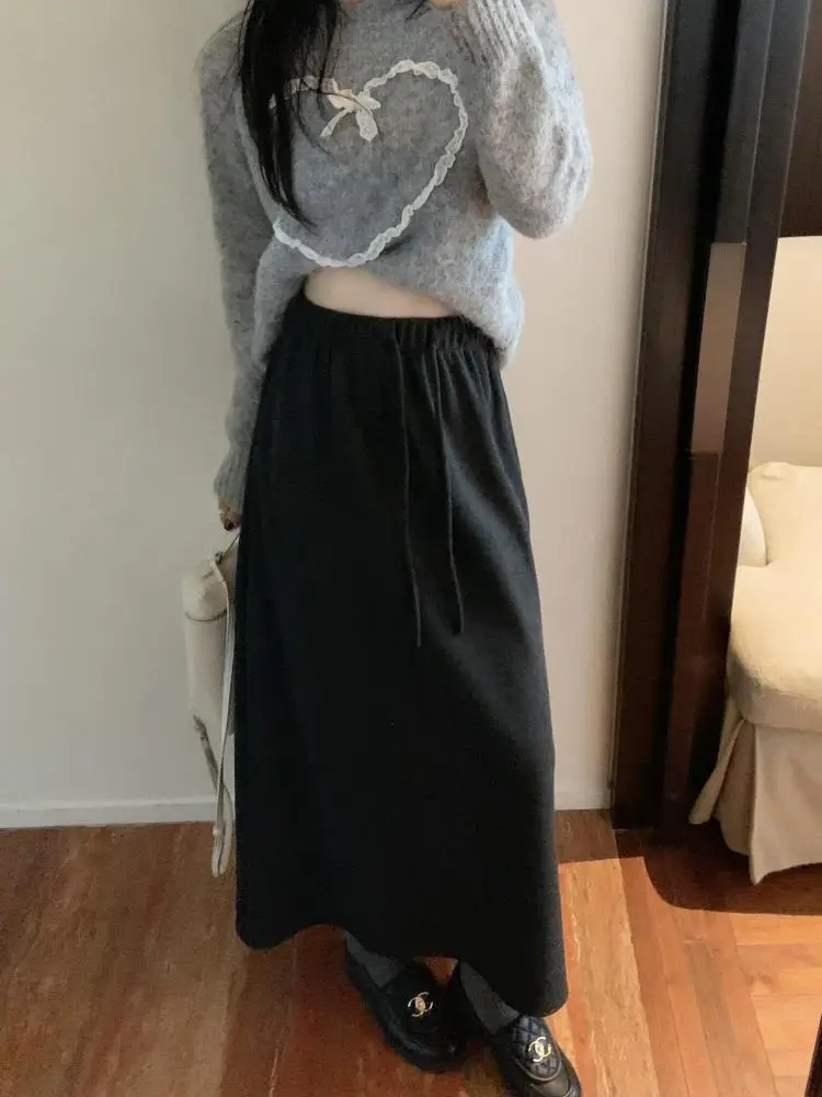 

Autumn Winter New Solid Velvet High Waist Long Skirt Women Korean Fashion Elegant Vacation Drawstring Lace-up A-line Thick Skirt