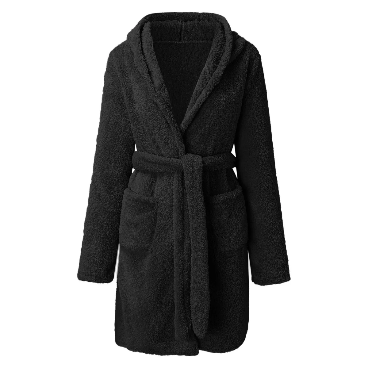 

1 piece of hooded home plush pajamas, solid color warm bathrobe