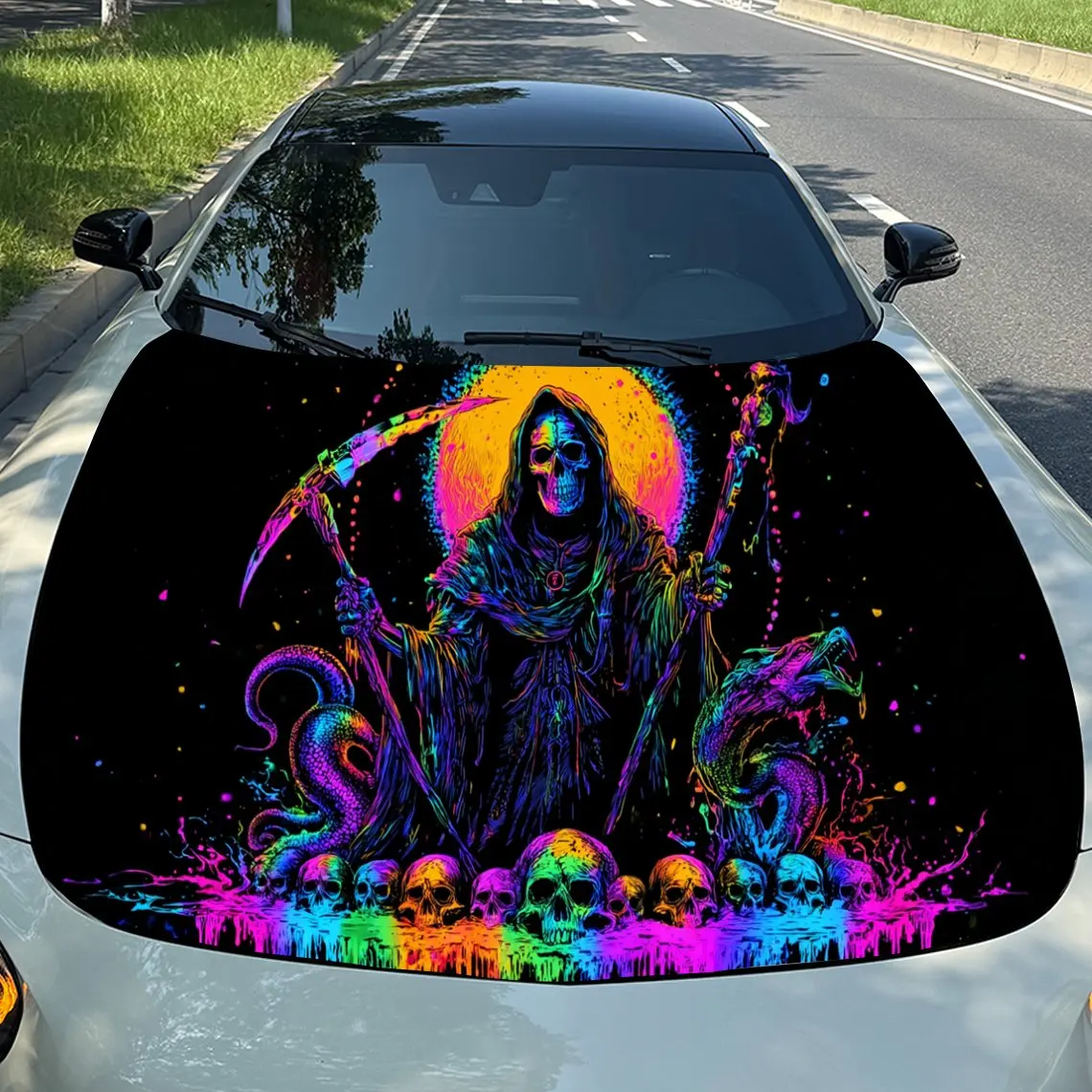 

Colorful Reaper Neon Frenzy Car Vinyl Wrap, PVC Material Waterproof Car Hood Sticker, Self-Adhesive Scratch-Resistant Stickers f