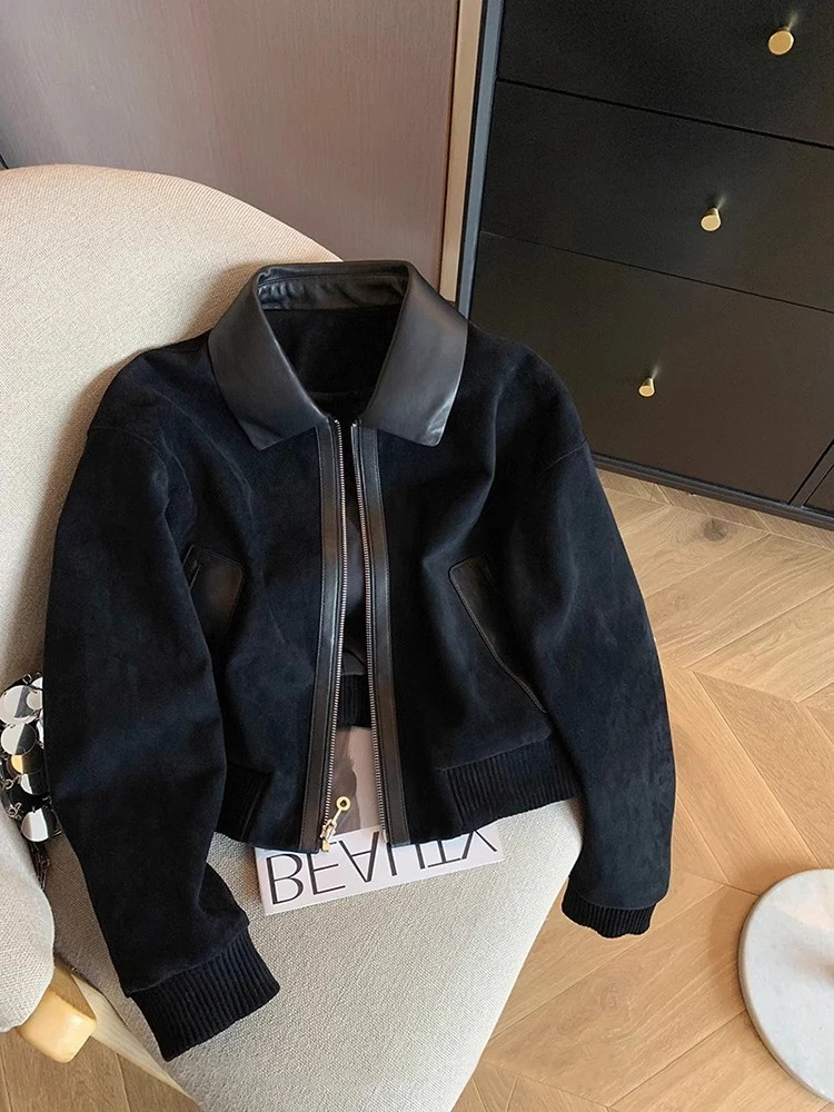 Giacca Corta da Donna in Pelle PU e Camoscio con Colletto Rialzato, Vestibilità Ampia, Stile Vintage Casual, Tendenza Primavera Autunno