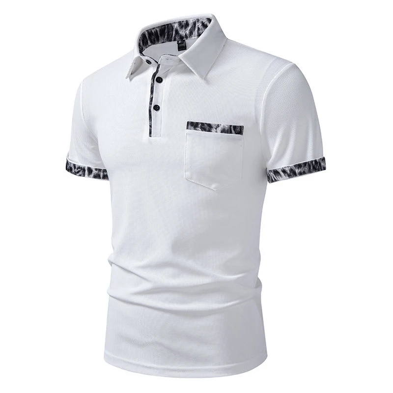 Men's Casual Short Sleeve T Shirt Contrast Tie-Dye Print Turn-Down Collar Chest Pocket Button Placket Business Tees Tops