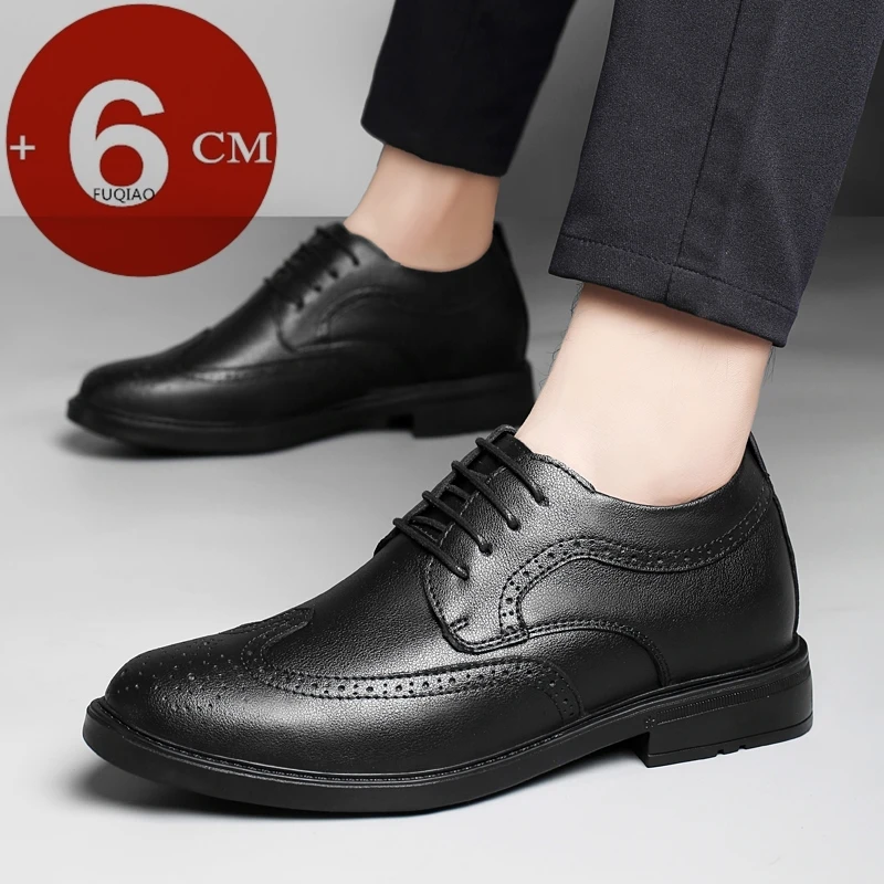 

Men's Large Size Brogue Height Increasing Shoes 6CM Hidden Heel Genuine Leather Business Casual Elevator Shoes Office Party