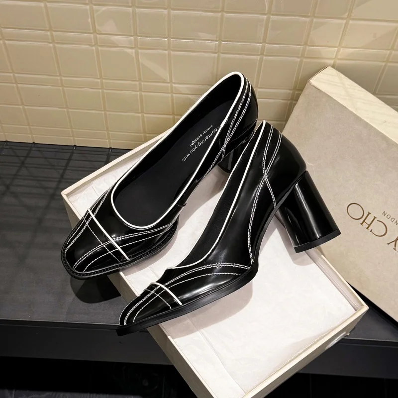 

MKKHOU Fashion Pumps New High Quality Genuine Leather Shoes Stitching Round Head Shallow Mouth High Heels Women's Heels Shoes