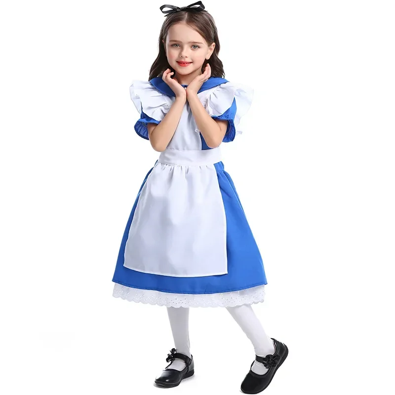 

Children Girls Blue Dress Alice in Wonderland Halloween Cosplay Costume for Kids Lolita Maid Dress with White Apron Carnival